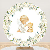 Lofaris White Floral Round Baby And Bear Shower Backdrop